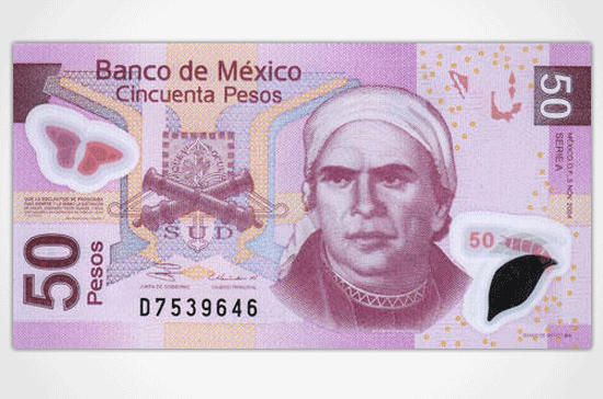 2. Đồng 50 Pesos của Mexico Đồng bạc này được sản xuất từ nhựa polymer được ép thành lớp, có khả năng đổi màu khi nhìn từ các gốc độ khác nhau. Cửa sổ trên đồng tiền này cũng rất sắc nét, khiến khả năng bị làm giả càng giảm.